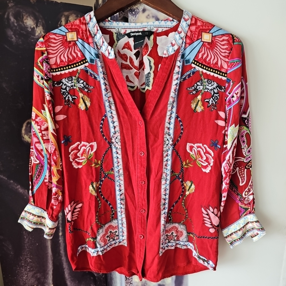 DESIGUAL Women's Half Sleeve Red Floral Print Button Front V Neck Shirt XS